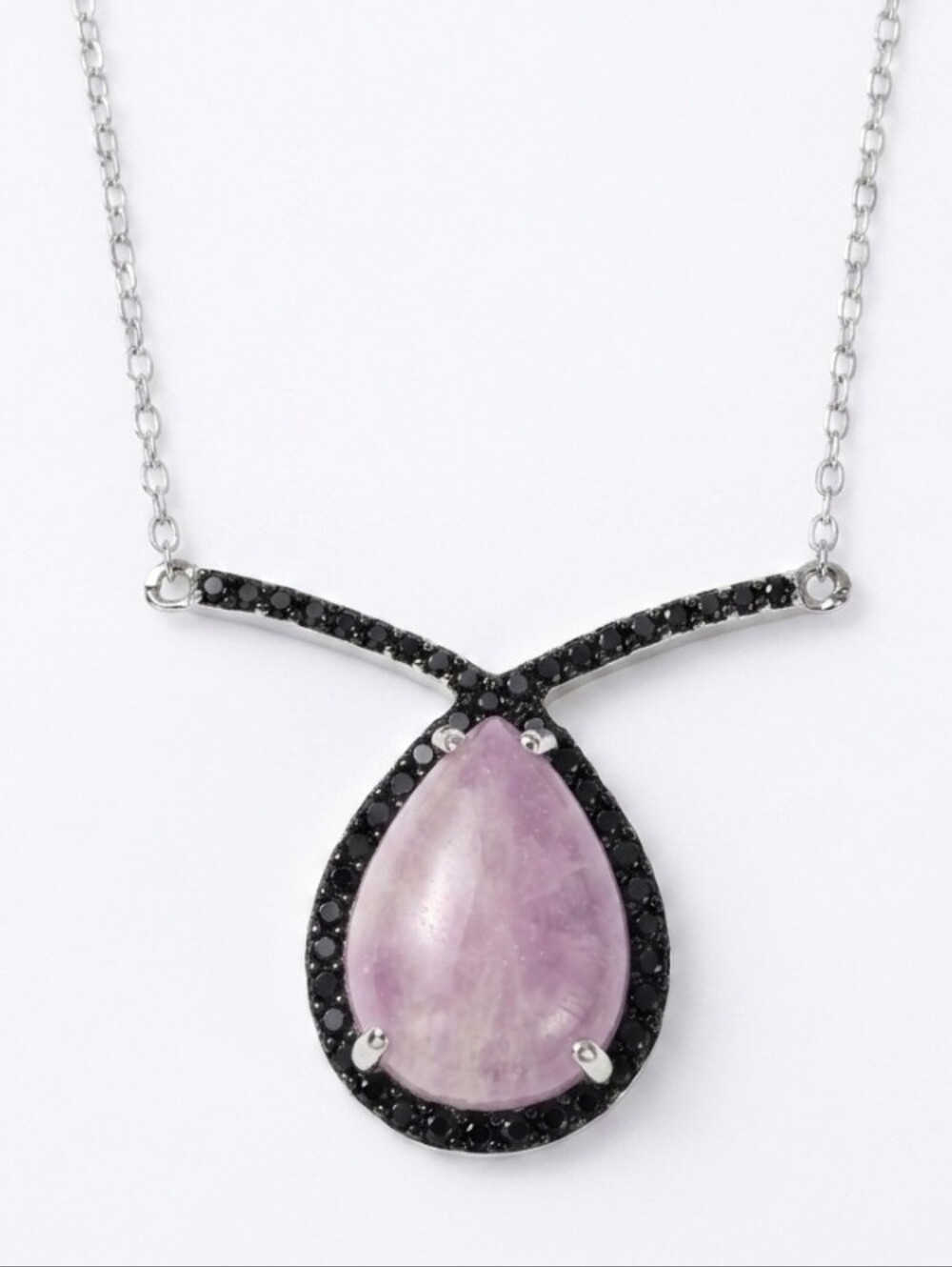 Natural Tear Drop Kunzite & Black Spinel Necklace Sterling Silver Rhodium 18"
